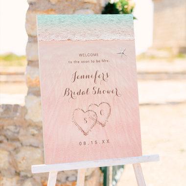 Hearts in the sand pink beach bridal shower sign