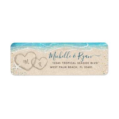 Hearts in the Sand Watercolor Beach Return Address Label
