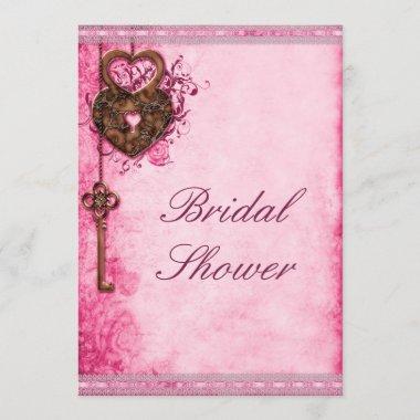 Hearts Lock and Key Pink Bridal Shower Invitations