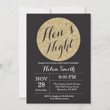 Hens Night Black and Gold Glitter Invitation Invitations