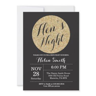 Hens Night Black and Gold Glitter Invitation