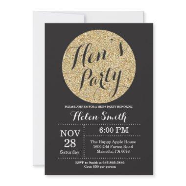 Hens Party Black and Gold Glitter Invitation