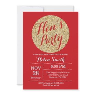 Hens Party Red and Gold Glitter Invitation
