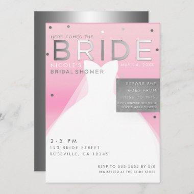 Here comes BRIDE Silver & Pink Chic Bridal Shower Invitations