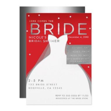 Here comes BRIDE Silver & Red Chic Bridal Shower Invitations