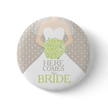 Here comes the bride green roses rehearsal wedding button