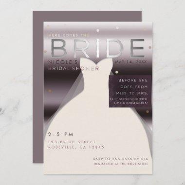 Here comes the BRIDE Silver Purple Bridal Shower Invitations