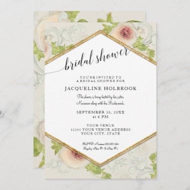 Hexagon Modern Calligraphy Floral Bridal Shower Invitations