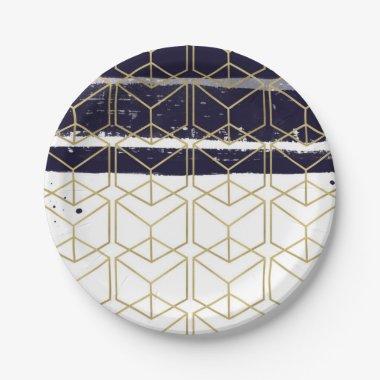 Hexagon Modern Navy Blue Gold Geometric Glam Party Paper Plates