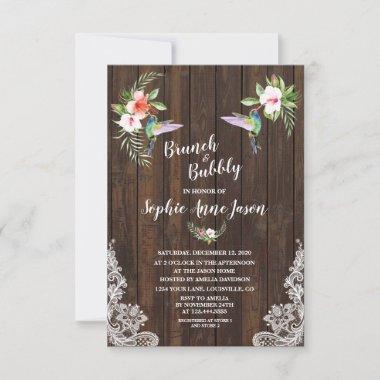 Hibiscus Floral Hummingbird Wood Brunch and Bubbly Invitations