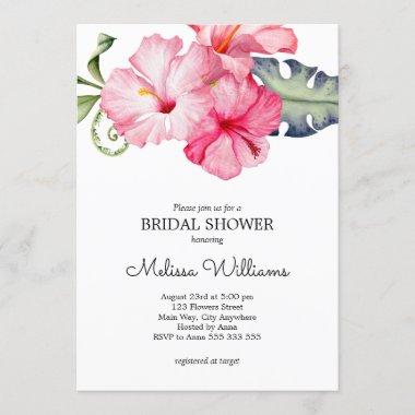 Hibiscus Floral Watercolor Romantic Bridal Shower Invitations