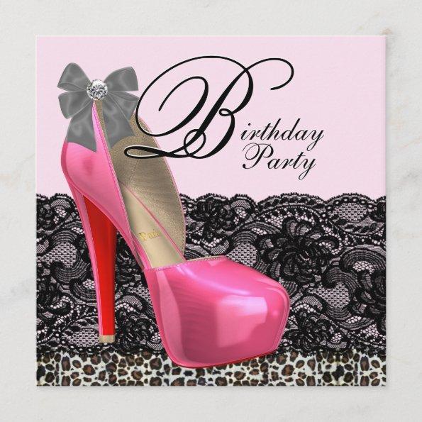 High Heel Shoes Pink Leopard Birthday Party Invitations