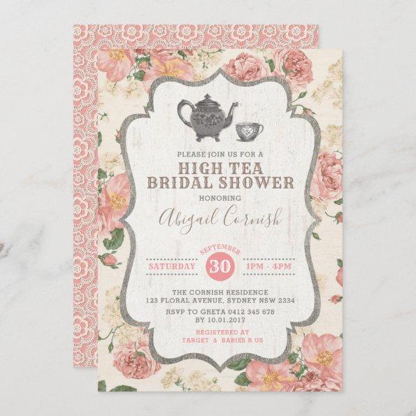 High Tea Bridal Shower Vintage Pink Floral Wedding Invitations