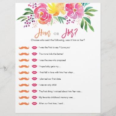 Him or Her Floral Watercolor Bridal Shower Game