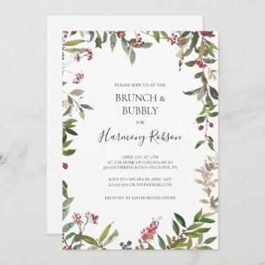 Holiday Botanical White Brunch and Bubbly Shower Invitations