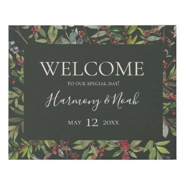 Holiday Chic Botanical | Dark Green Welcome Faux Canvas Print