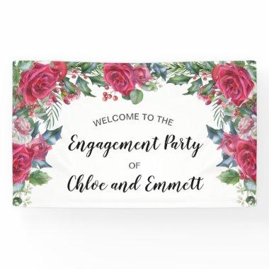 Holly Berries Rose Floral Engagement Party Welcome Banner