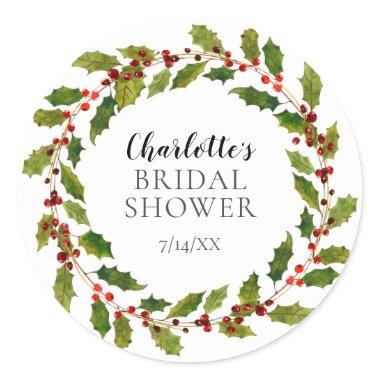 Holly Berry Wreath Bridal Shower Classic Round Sticker