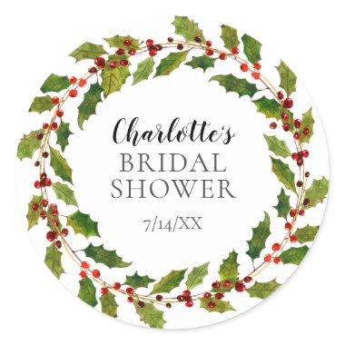 Holly Berry Wreath Bridal Shower Classic Round Sticker