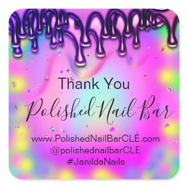 Holograph Thank You Boutique Drip Hot Pink Bubble Square Sticker