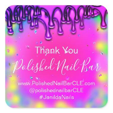 Holograph Thank You Boutique Drip Nails Hot Pink Square Sticker