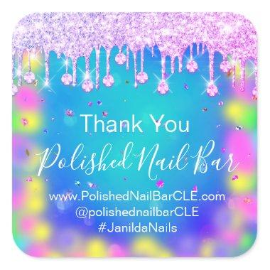 Holograph Thank You Diamond Drip Nails Hot Pink Square Sticker