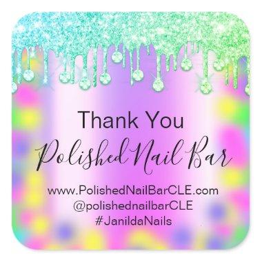 Holograph Thank You Diamond Drips Nail Hot Pink Square Sticker