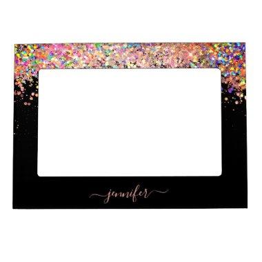 Holographic Blush Pink Glitter Monogram Girly Magnetic Frame