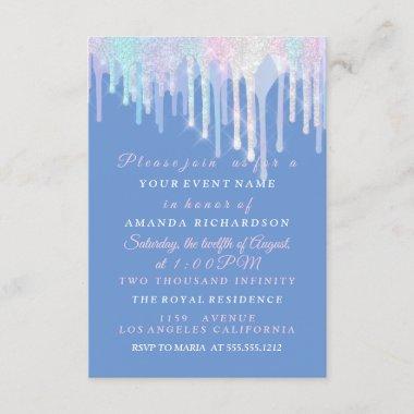 Holographic Drips Unicorn Pink Blue Quinceanera Invitations