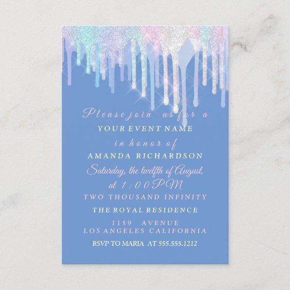 Holographic Drips Unicorn Pink Blue Quinceanera Invitations