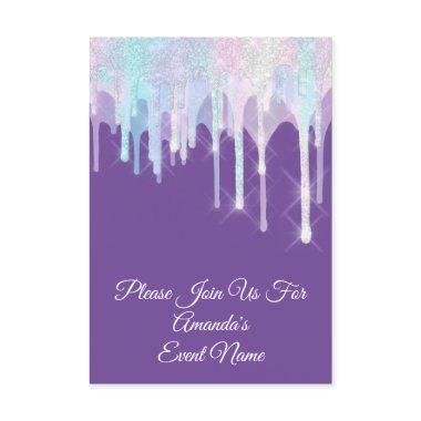 Holographic Drips Unicorn Pink Purple Quinceanera Invitations