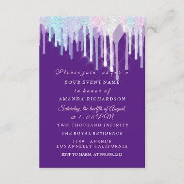 Holographic Drips Unicorn Pink Purple Sweet 16th Invitations