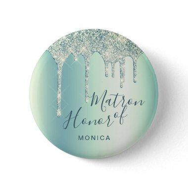 Holographic green glitter drips matron of honor button