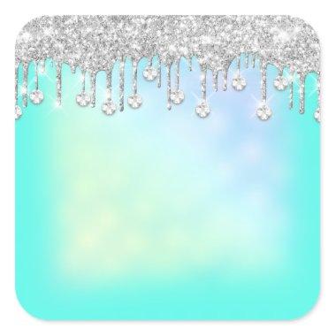 Holographic Mint Blue Diamond Drips Bridal Shower Square Sticker