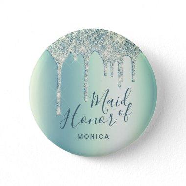 Holographic mint green glitter drips maid of honor button