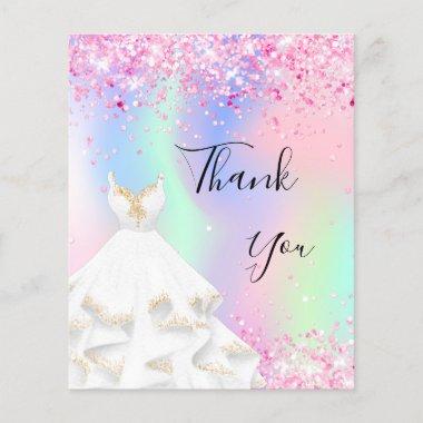 Holographic pink glitter white dress thank you