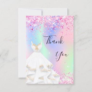 Holographic pink glitter white dress thank you Invitations