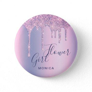Holographic purple glitter drips flower girl button