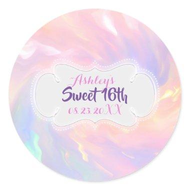 Holographic Sweet 16th Name Pink Date Quinceañera Classic Round Sticker