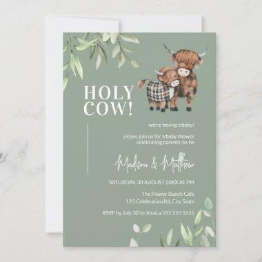 Holy Cow Greenery Highland Cow Baby Shower Invitations