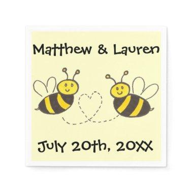 Honey Bees with Heart on Yellow with Name Date Paper Napkins