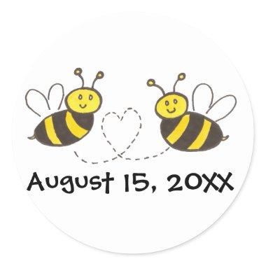 Honey Bees with Heart with Customizable Date Classic Round Sticker