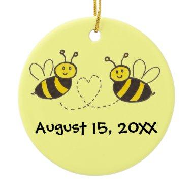 Honey Bees with Heart with Names and Date Ceramic Ornament