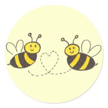 Honey Bees with Heart Yellow Background Classic Round Sticker