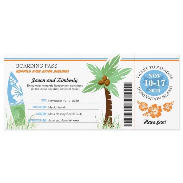 Honeymoon Gift Boarding Pass Palm Tree Surf Board Invitations