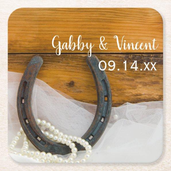Horseshoe and Pearls Country Western Wedding Square Paper Coaster