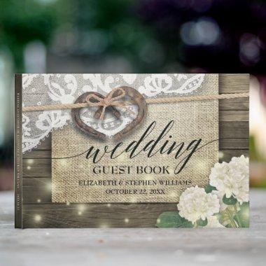 Horseshoe Heart Lace Hydrangea Wood Wedding Shower Guest Book