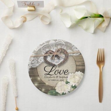 Horseshoe Heart Lace Hydrangea Wood Wedding Shower Paper Plates