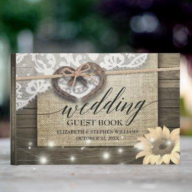 Horseshoe Heart Lace Sunflower Wood Wedding Shower Guest Book