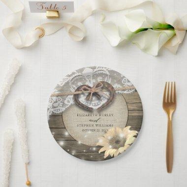 Horseshoe Heart Lace Sunflower Wood Wedding Shower Paper Plates